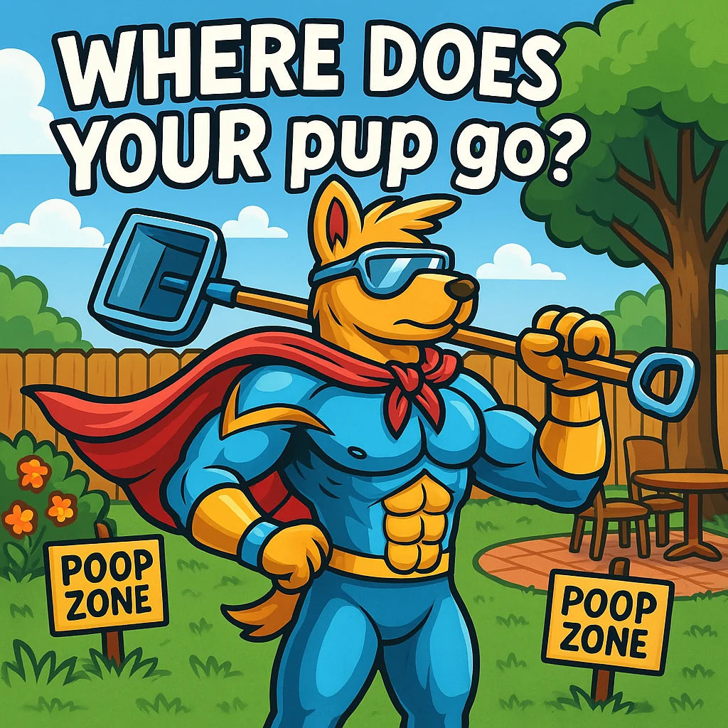 Clean up dog poop in yard with local pooper scooper service – Mighty Scoop Force mascot smiling in fresh backyard