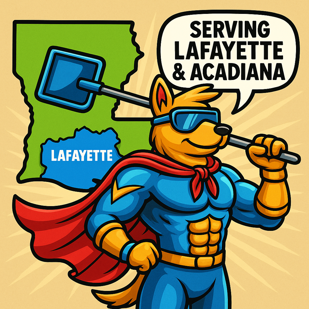 Captain Scoop cartoon mascot holding scoop tool in front of Louisiana map, text bubble saying “Serving Lafayette & Acadiana,” Mighty Scoop Force pet waste removal service.