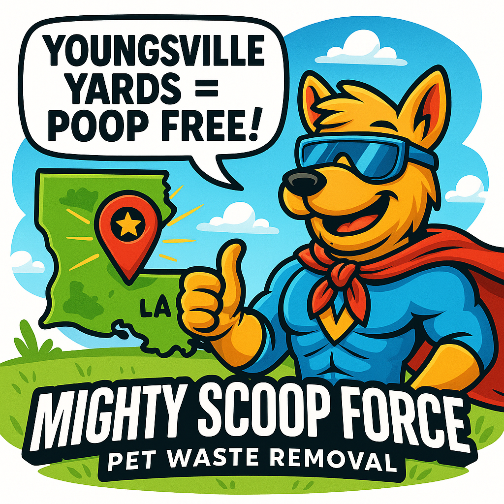 Captain Scoop cartoon dog superhero giving thumbs up beside Louisiana map with Youngsville marked, comic bubble says “Youngsville Yards = Poop Free!,” Mighty Scoop Force pet waste removal service.