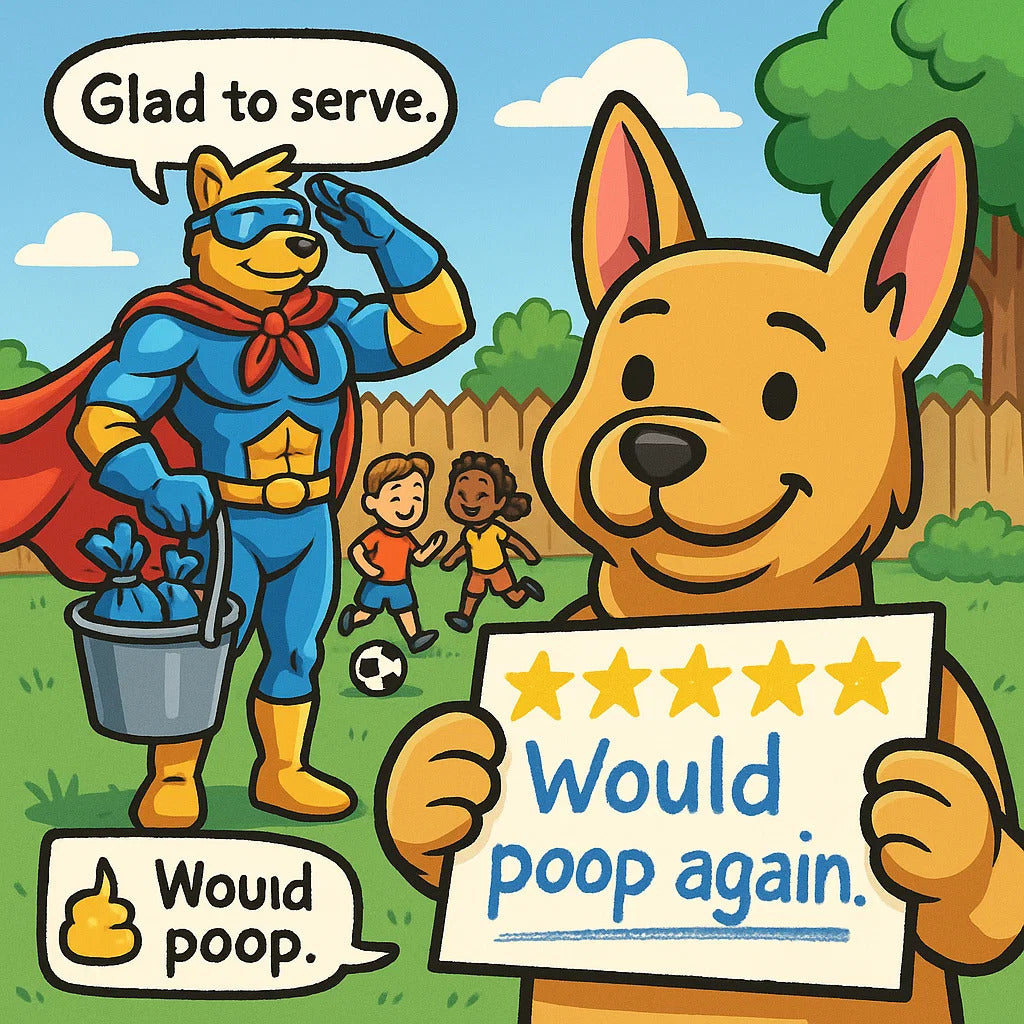 Captain Scoop cleaning a backyard as part of Mighty Scoop Force’s pet waste removal service in Lafayette, LA