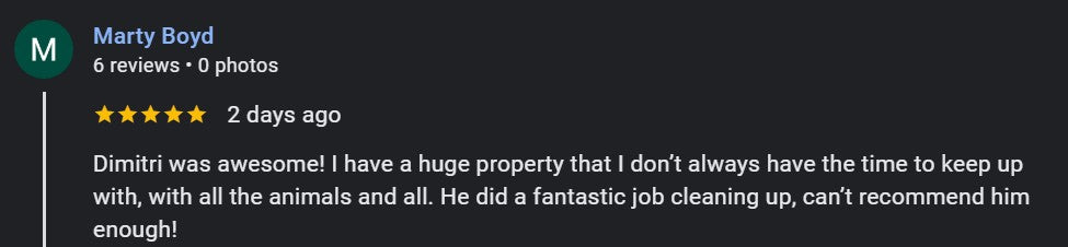 Five-star review screenshot from Marty Boyd in Lafayette, LA, praising Mighty Scoop Force for professional and reliable dog poop cleanup service on a large property with multiple animals. Highlights the effectiveness of weekly pet waste removal.